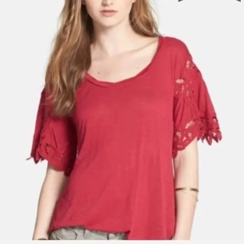Free People Mallary's Battenburg Raspberry Lace Sleeve Top